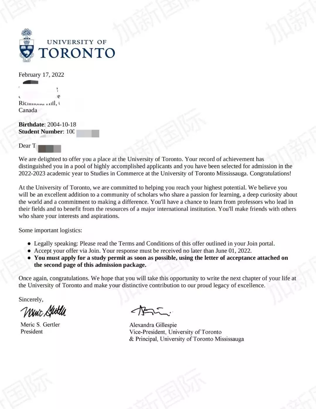 T女士收获多伦多大学双offer